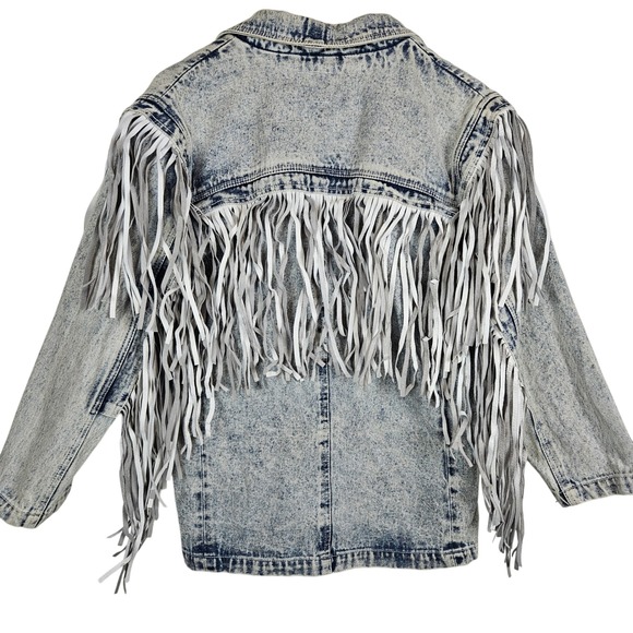 Sergio Valente acid-washed blue denim jacket white leather fringe trim, size S - Picture 2 of 7